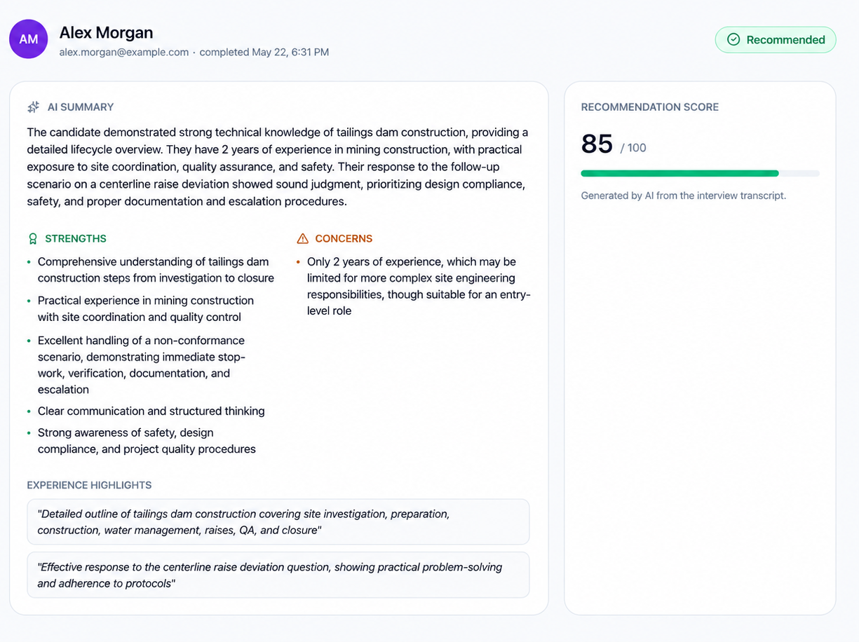 Candidate feedback and AI summary in Veynros